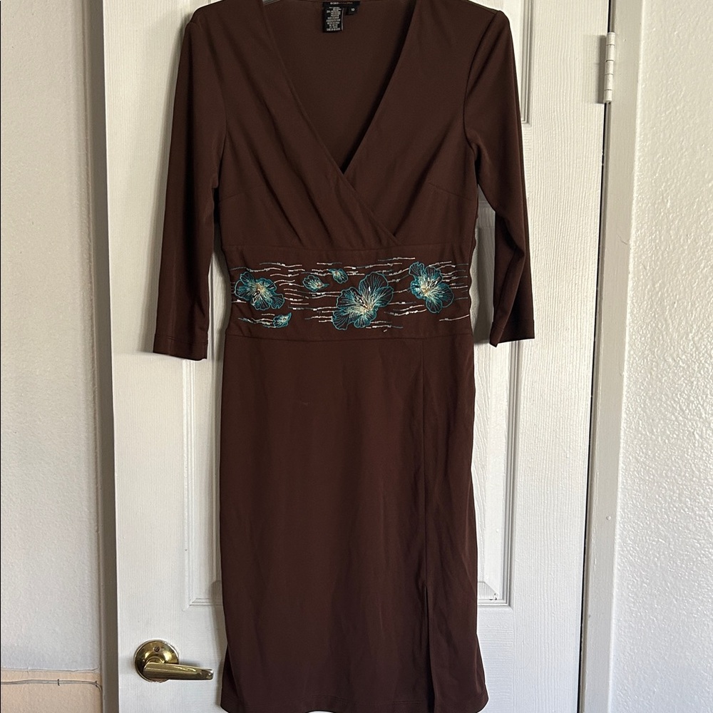 BCBGMaxAzria Brown Dress with Blue Floral Design